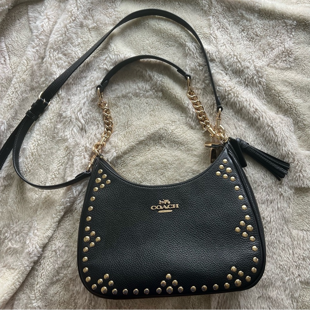Coach Black Leather Studded Shoulder Bag